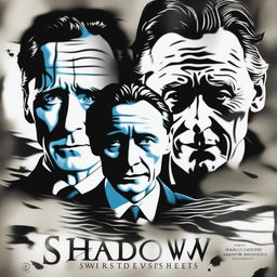 Create a dark and mysterious movie poster for 'Shadow's Whisper' featuring the title, actors' names (Main character: Harris Dickinson, Tom Hiddleston, Ben Whishaw), and an anticipated release date