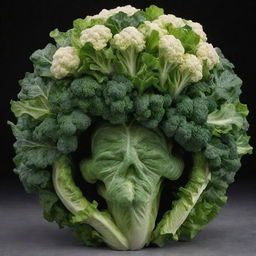 A detailed motorcyclist helmet intricately composed of lettuce, spinach and cauliflower, maintaining the structure and unique characteristics of each vegetable.