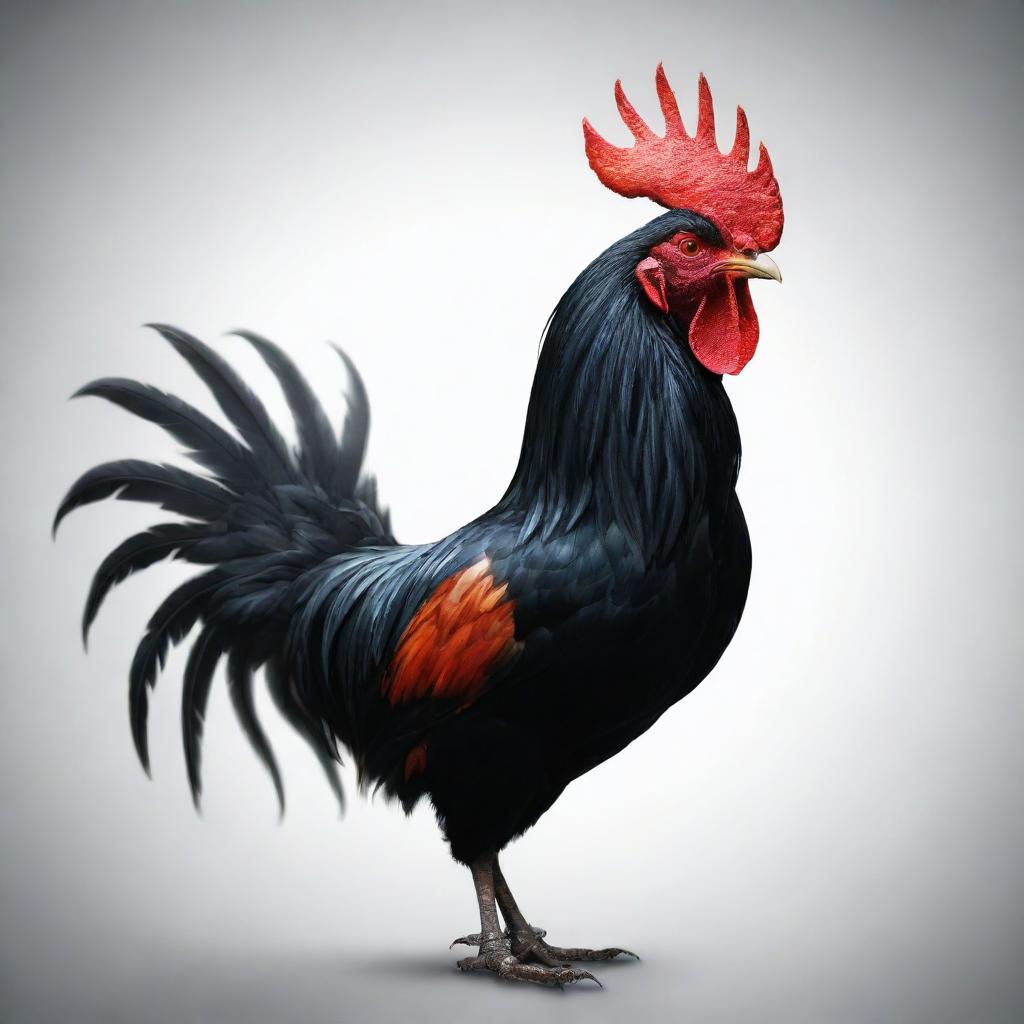 A fierce rooster in digital art form radiating an aura of menace, its body a sleek black with piercing red eyes