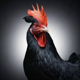 A fierce rooster in digital art form radiating an aura of menace, its body a sleek black with piercing red eyes