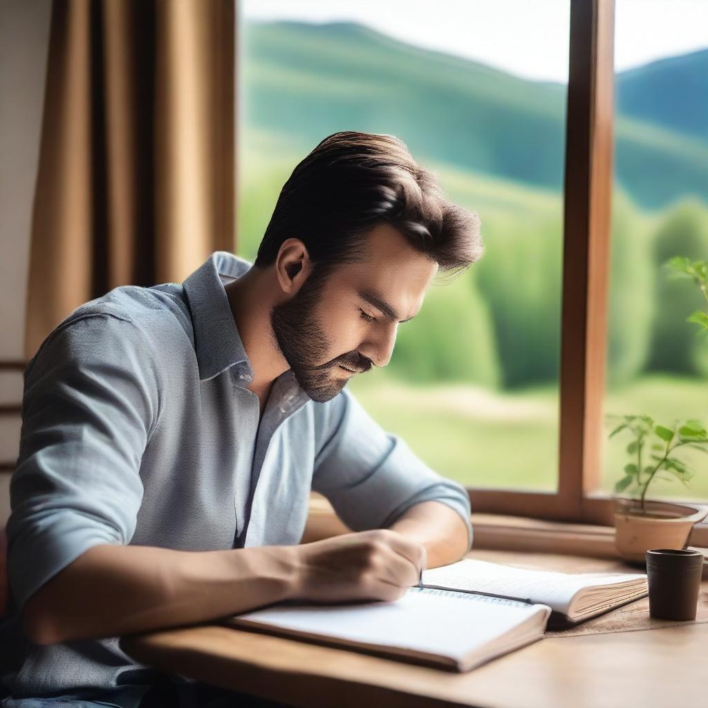 A handsome man writing a poem in a beautiful notebook