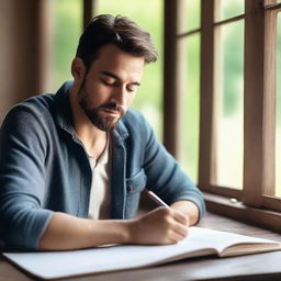 A handsome man writing a poem in a beautiful notebook