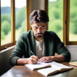 A handsome man writing a poem in a beautiful notebook