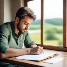 A handsome man writing a poem in a beautiful notebook