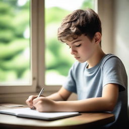 A handsome teenage boy writing a poem in a stylish notebook