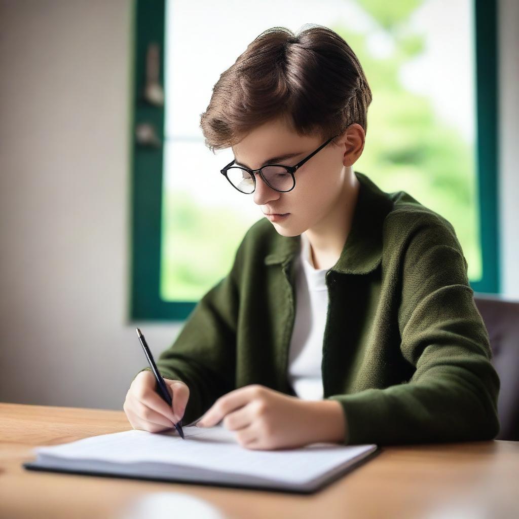 A handsome teenage boy writing a poem in a stylish notebook