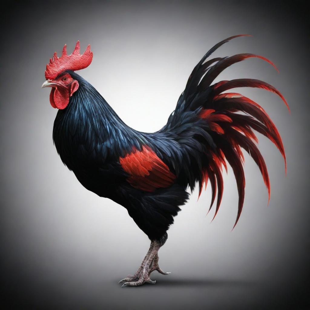 A fierce rooster in digital art form radiating an aura of menace, its body a sleek black with piercing red eyes