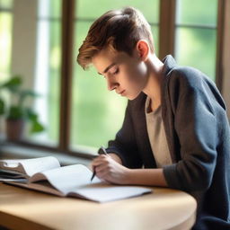 A handsome teenage boy writing a poem in a stylish notebook