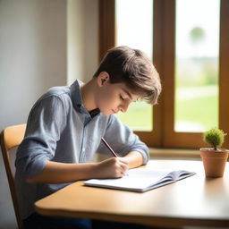 A handsome teenage boy writing a poem in a stylish notebook