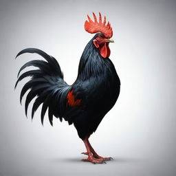 A fierce rooster in digital art form radiating an aura of menace, its body a sleek black with piercing red eyes