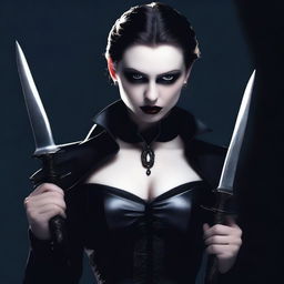 A female vampire dressed in tight black clothes, holding knives