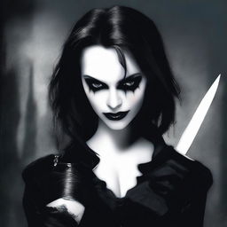 A female vampire dressed in tight black clothes, holding knives