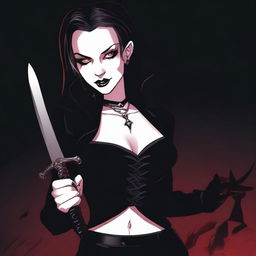 A female vampire dressed in tight black clothes, holding knives