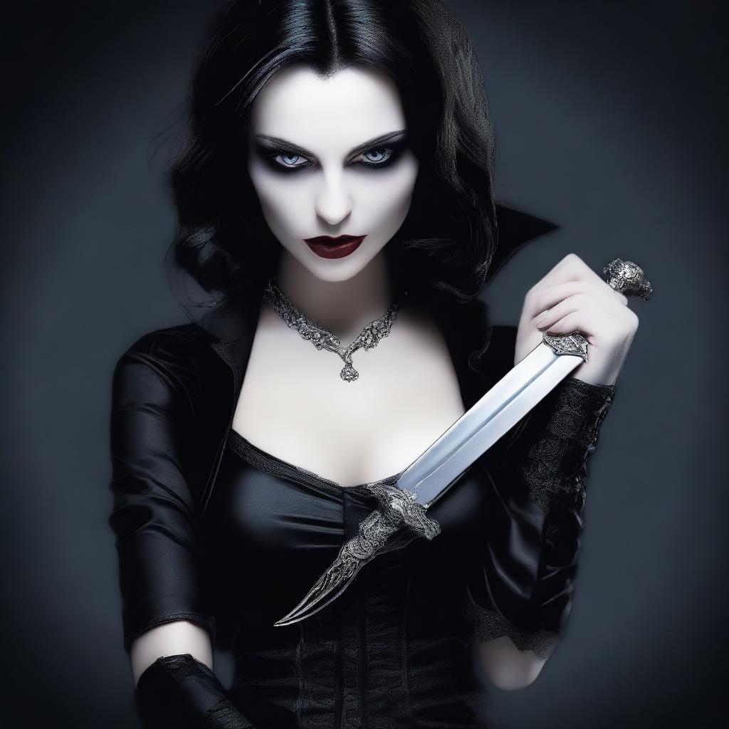 A female vampire dressed in tight black clothes, holding knives