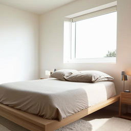 A modern bedroom interior, featuring a comfortable bed, minimalist furniture, abundant natural light, and sleek design touches.