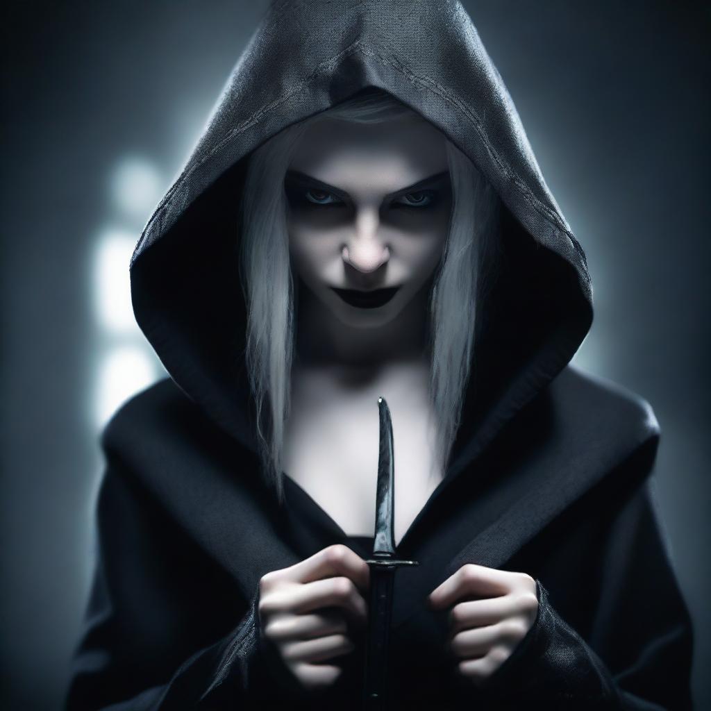 A female vampire dressed in tight black clothes with a hood over her head, holding knives