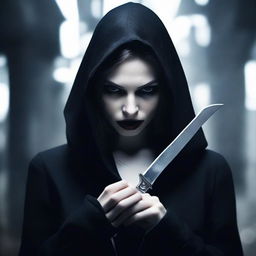 A female vampire dressed in tight black clothes with a hood over her head, holding knives