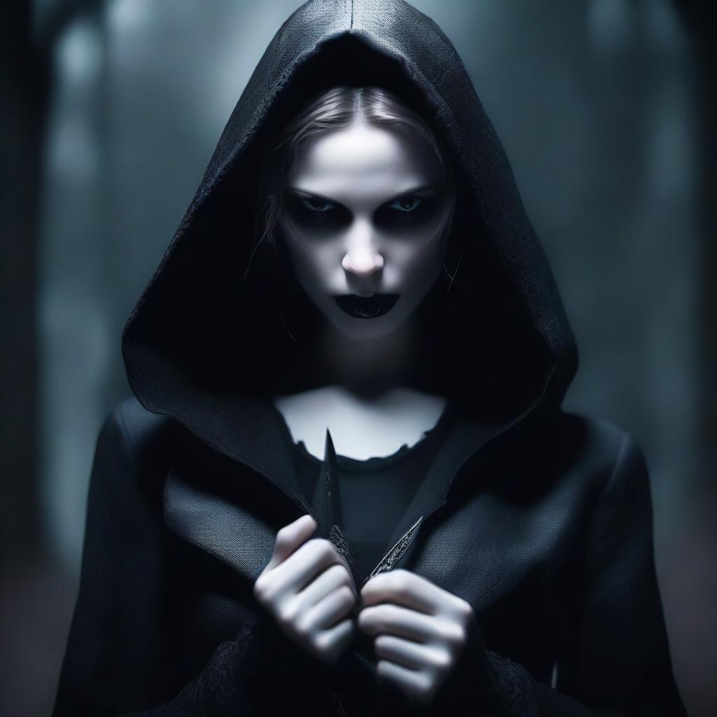 A female vampire dressed in tight black clothes with a hood over her head, holding knives