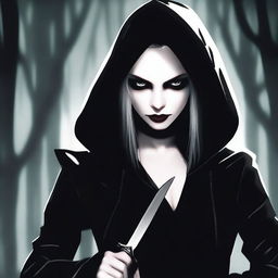 A female vampire dressed in tight black clothes with a hood over her head, holding knives