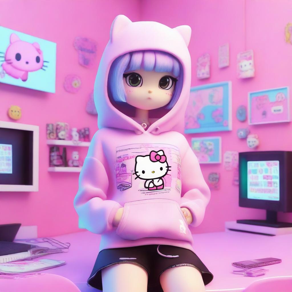 A 3D rendering of Hello Kitty styled as an e-girl