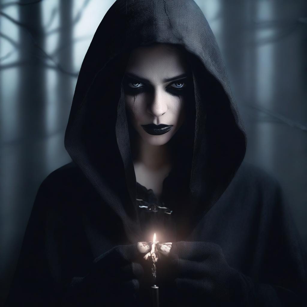 A female vampire dressed in tight black clothes with a large hood that obscures her face completely