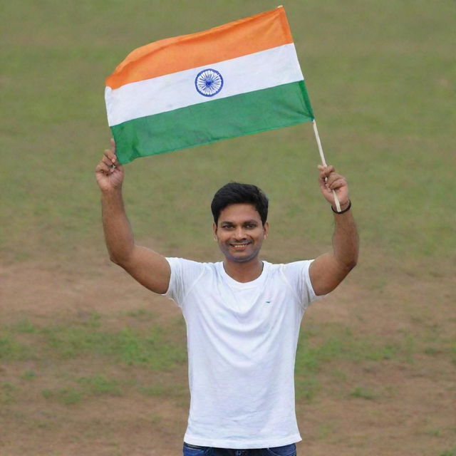 3D image of a man named Jatin Rajput. He stands proudly in the center of a ground, wearing a white t-shirt that features the Indian flag and his name 'Jatin Rajput'. In his hand, he holds aloft another Indian flag.