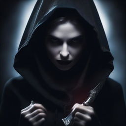 A female vampire dressed in tight black clothes with a large hood that obscures her face completely