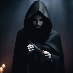 A female vampire dressed in tight black clothes with a large hood that obscures her face completely