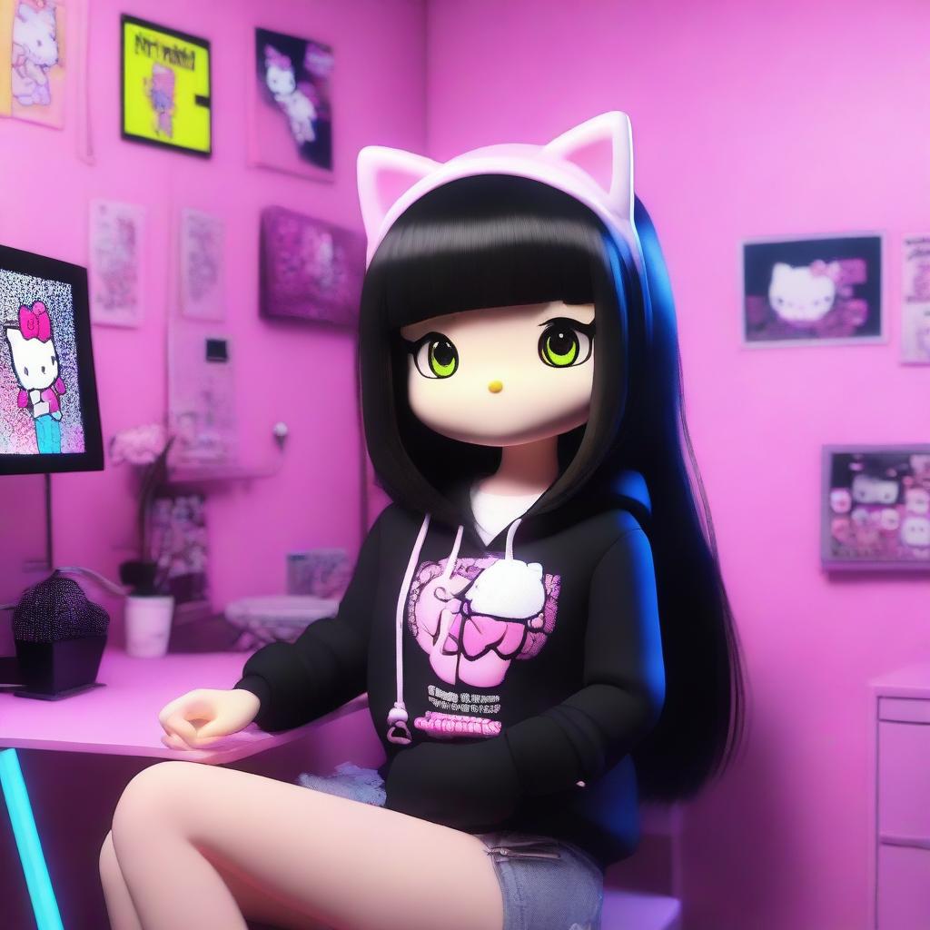 A 3D rendering of Hello Kitty with long black hair, styled as an e-girl