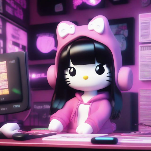 A 3D rendering of Hello Kitty with long black hair, styled as an e-girl