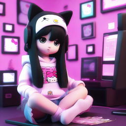 A 3D rendering of Hello Kitty with long black hair, styled as an e-girl