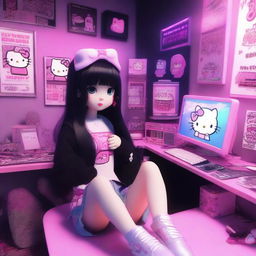 A 3D rendering of Hello Kitty with long black hair, styled as an e-girl