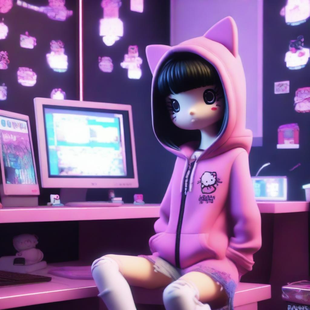 A 3D rendering of Hello Kitty with long black hair, styled as an e-girl