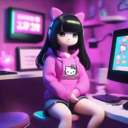A 3D rendering of Hello Kitty with long black hair, styled as an e-girl