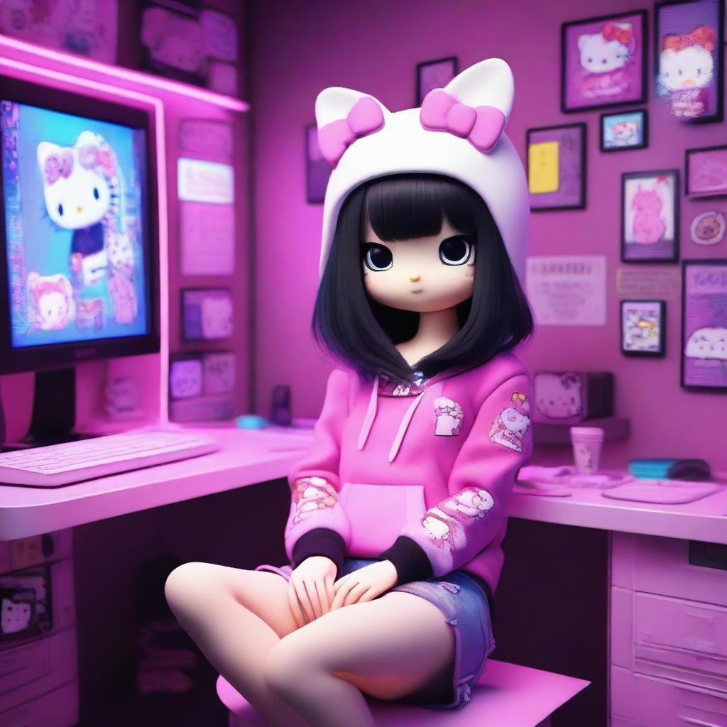 A 3D rendering of Hello Kitty with long black hair, styled as an e-girl