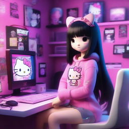 A 3D rendering of Hello Kitty with long black hair, styled as an e-girl