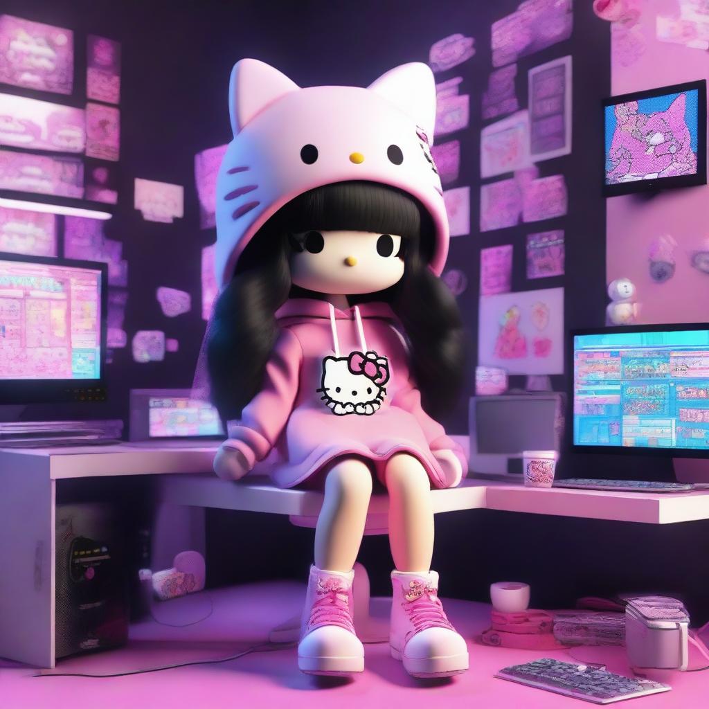 A 3D rendering of Hello Kitty with long black hair, styled as an e-girl