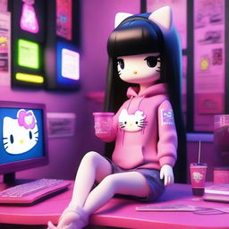 A 3D rendering of Hello Kitty with long black hair, styled as an e-girl