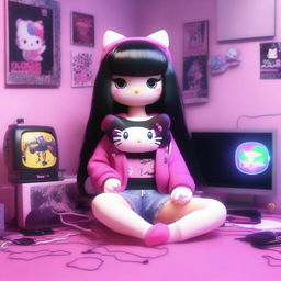 A 3D rendering of Hello Kitty with long black hair, styled as an e-girl