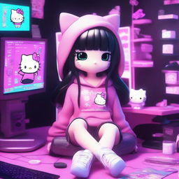 A 3D rendering of Hello Kitty with long black hair, styled as an e-girl