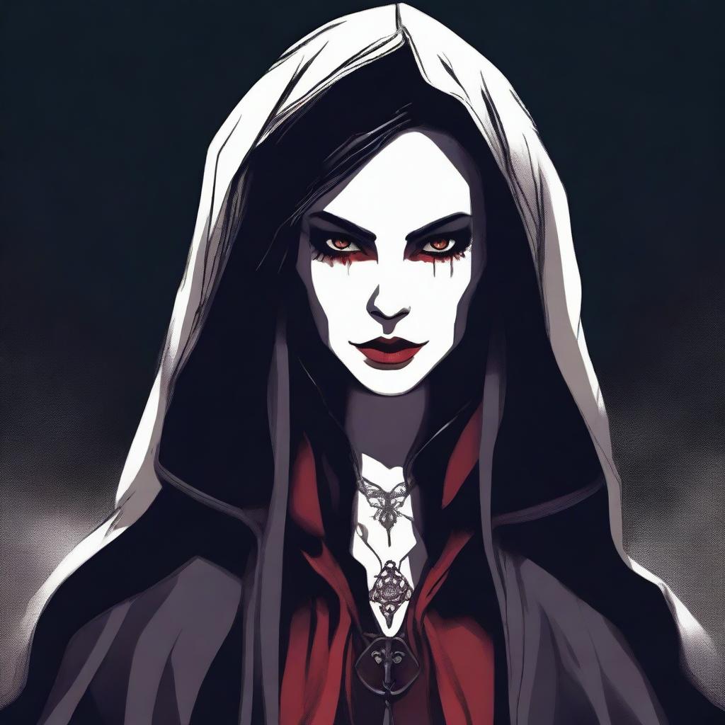 A detailed illustration of a female vampire with a hood and long ears