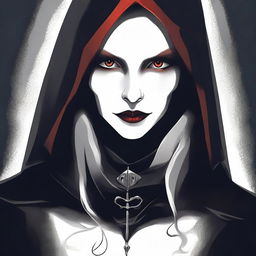 A detailed illustration of a female vampire with a hood and long ears