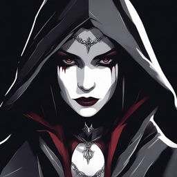 A detailed illustration of a female vampire with a hood and long ears