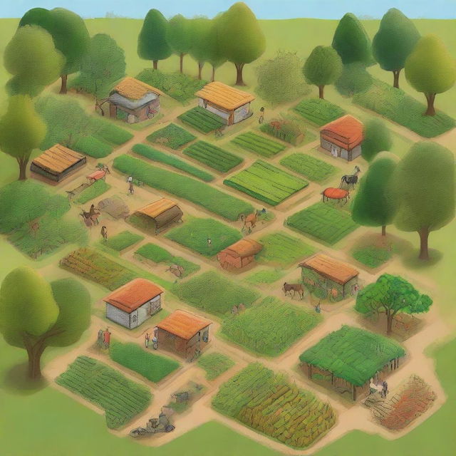 A detailed illustration showcasing various agroforestry models integrated with local livelihoods