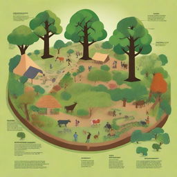 A detailed illustration showcasing various agroforestry models integrated with local livelihoods