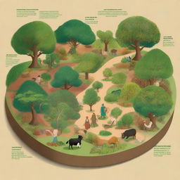 A detailed illustration showcasing various agroforestry models integrated with local livelihoods