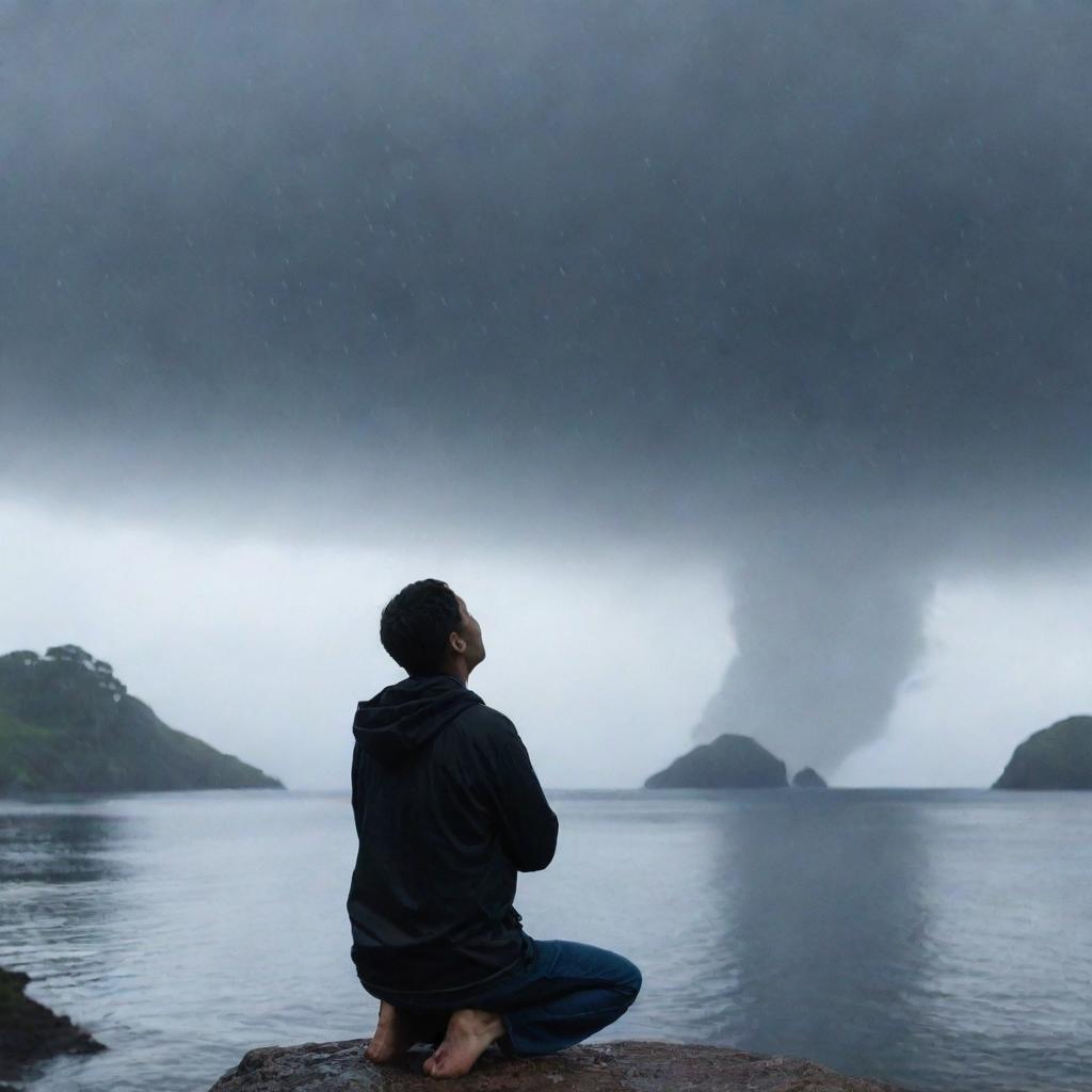 An individual in a moment of prayer, looking up towards the sky as cold raindrops fall, with a soul warming aura. In the background, a stunning view of an island.