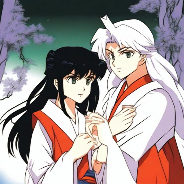 A tense and dramatic scene featuring Kagome and Sesshoumaru from Inuyasha