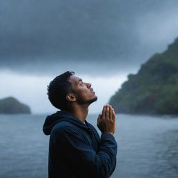 An individual in a moment of prayer, looking up towards the sky as cold raindrops fall, with a soul warming aura. In the background, a stunning view of an island.