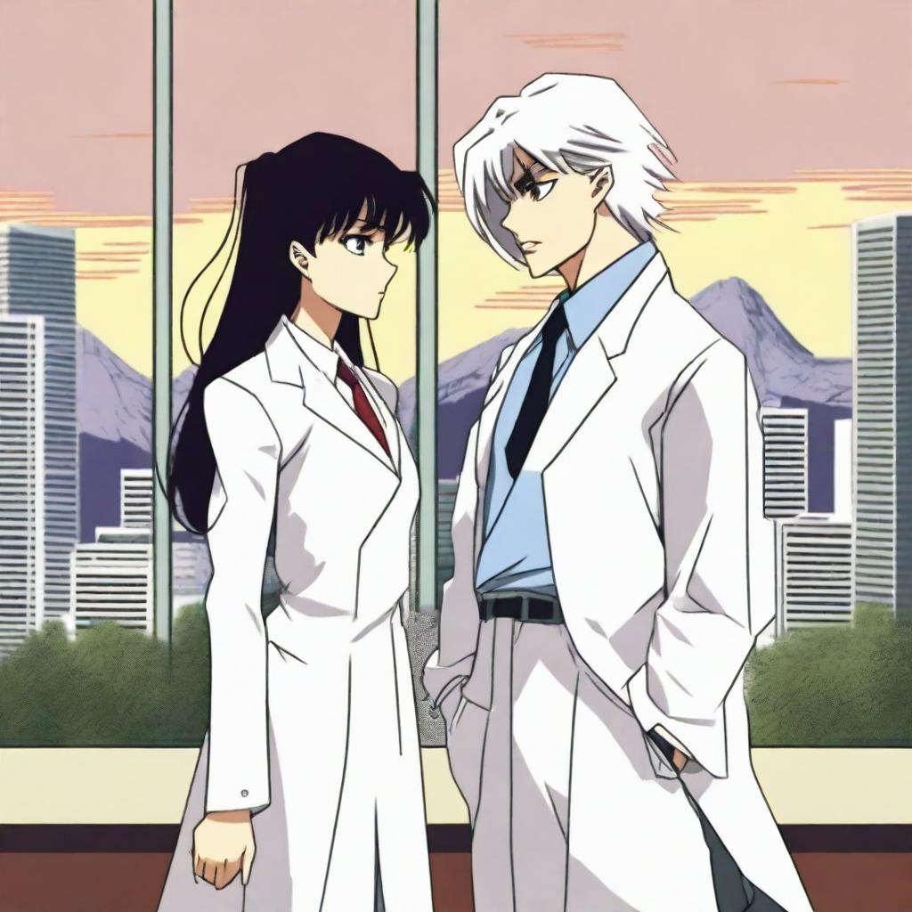 A modern, tense, and dramatic scene featuring Kagome and Sesshoumaru